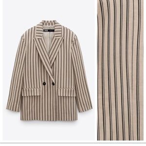 NWT. Zara Beige Striped Oversized  Double Breasted Full Cut Blazer. Size S.